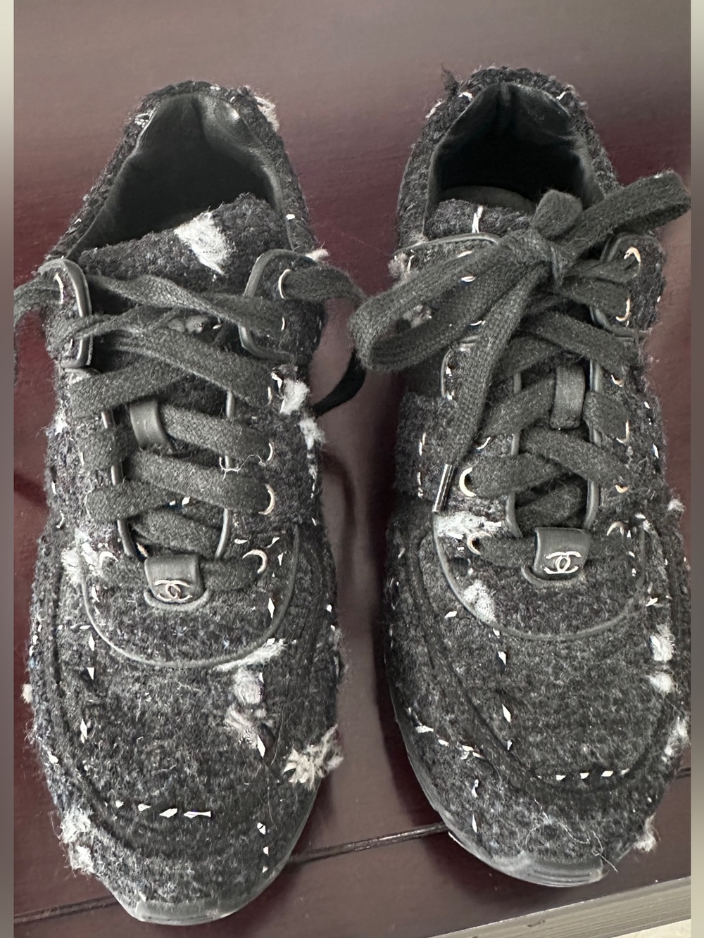 CHANEL Black Tweed Lace-Up Sneakers with Silver CC Accents Sz 39